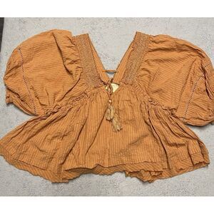 Judith March Top Size Small Rustic Orange Balloon Sleeve V Neck Puff Boho‎ Tie